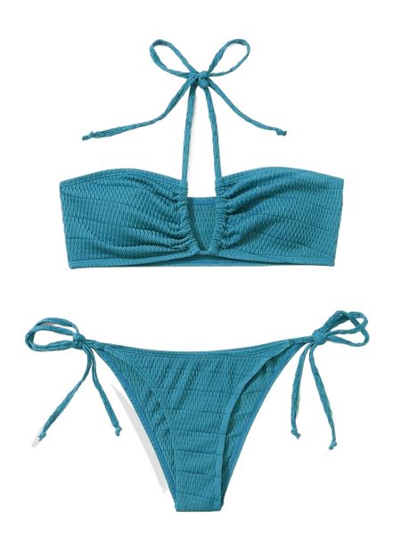 

textured tie side halter bikini swimsuit n4g7#, White;black