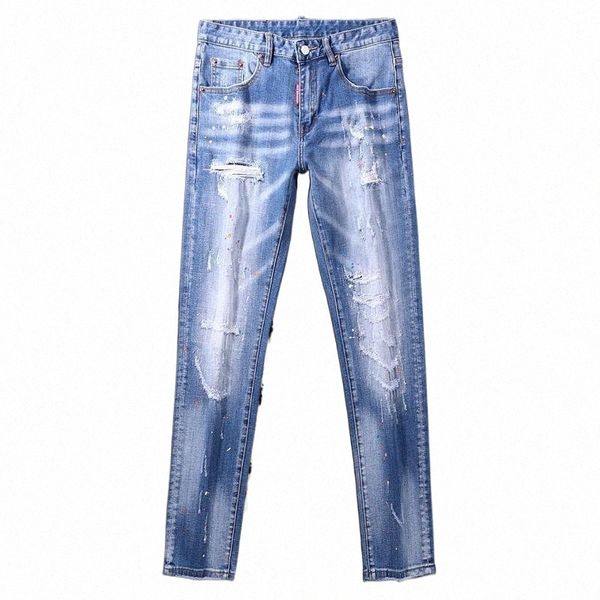 

italian style fashion men jeans elastic cotton slim fit ripped for vintage painted designer streetwear hip hop pants men's z9hn#, Blue