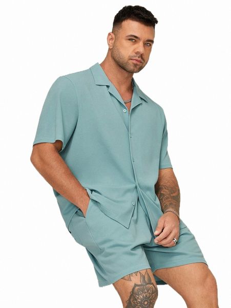 

extended sizes men lapel collar shirt & shorts 76c0#, Gray