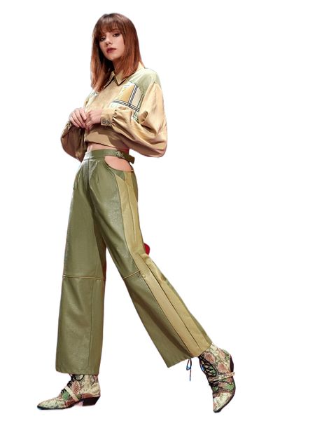 

x minosone cut out waist pu leather pants g1yi#, Black;white