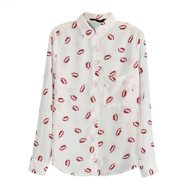 

women's blouses & shirts flower printed women white turn-down collar shirt red lip print blouse long sleeve