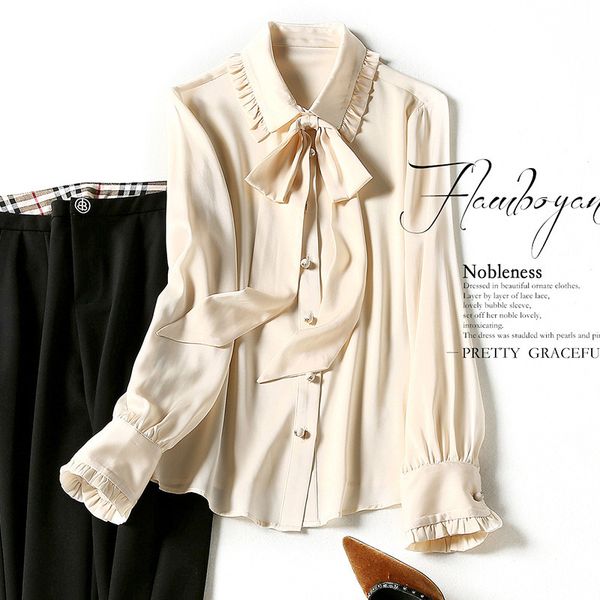

women's blouses & shirts early spring silk cardigan slim fit solid color mulberry lapel temperament long sleeve single breasted wine zr, White