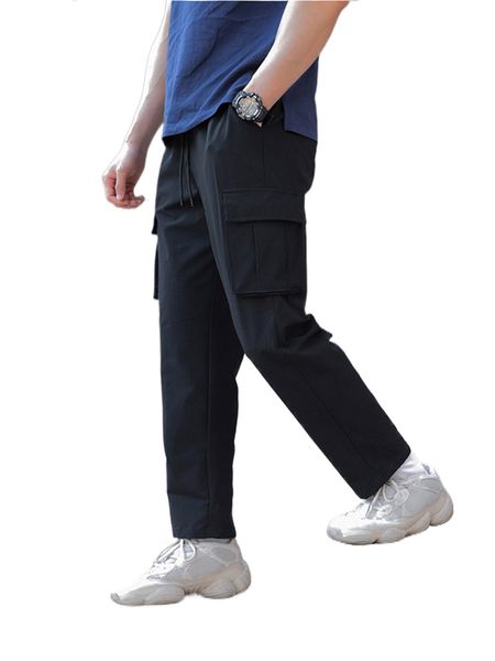 

men flap pocket side drawstring waist cargo pants t3hp#, Black