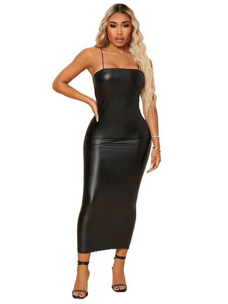 

sxy solid bodycon cami patent dress 80oy#, Black;gray