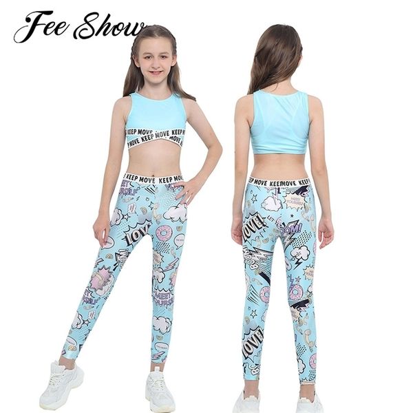 

kids clothes girls sport sets yoga tracksuits girls clothing sleeveless gym crop child high waist fitness leggings pants 220620, White