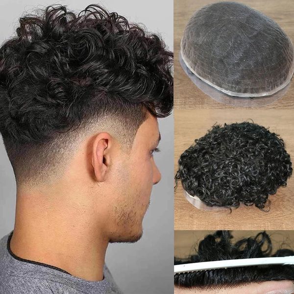 

breathable full lace toupee men capillary prosthesis hair unit replacement system wig for male durable hair pieces #1b off black 20mm curly