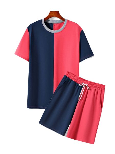 

men colorblock tee & drawstring waist shorts v1qv#, Gray