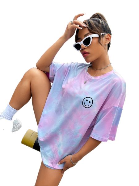 

cartoon face print tie dye drop shoulder tee x2rr#, White