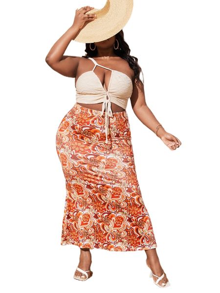 

sxy plus floral print satin skirt o0lc#, Black