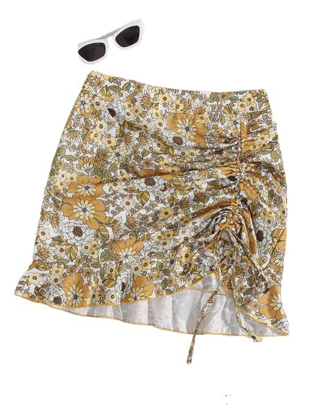 

drawstring front ruffle hem floral skirt d0yw#, Black