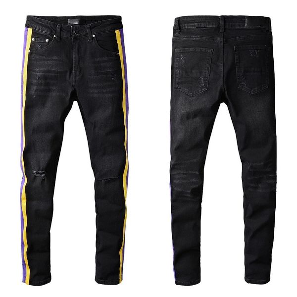 

guys black jeans with yellow brim knee holes ripped for man pants straight leg mens skinny distressed torn rugged zipper mid denim long tatt, Blue