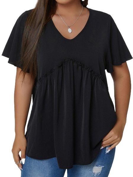 

plus frill trim flutter sleeve blouse j1z8#, Black