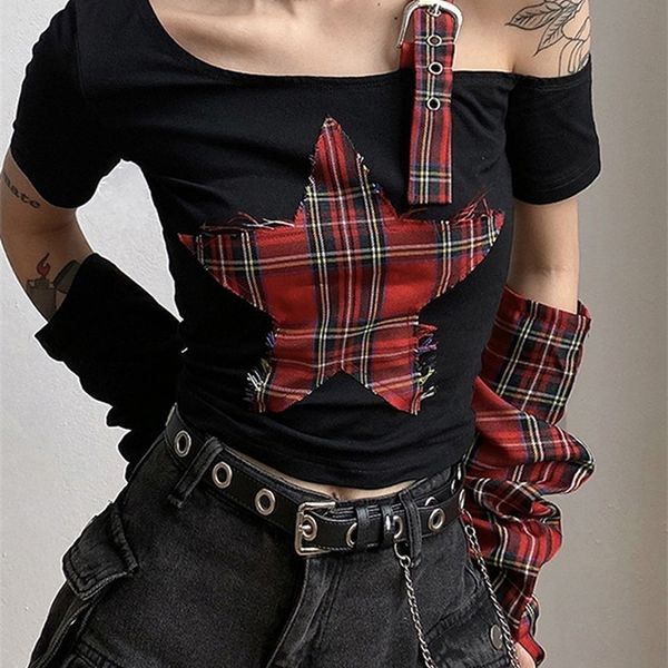 

women's tshirt kosahiki summer star patchwork crop plaid t shirt women fashion off single shoulder y2k tee oversleeve fairy grunge shi, White