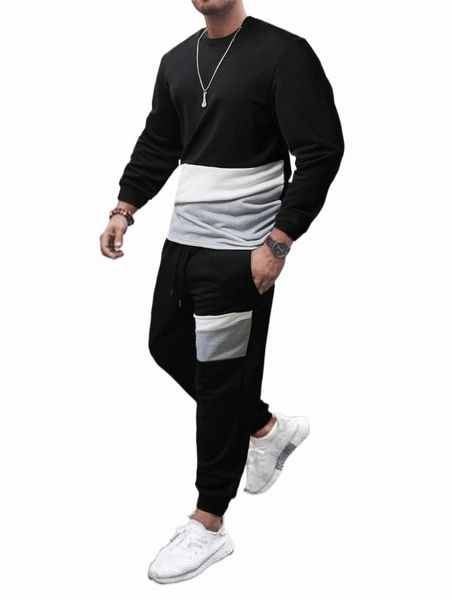 

men colorblock sweatshirt & drawstring waist sweatpants f6sk#, Gray