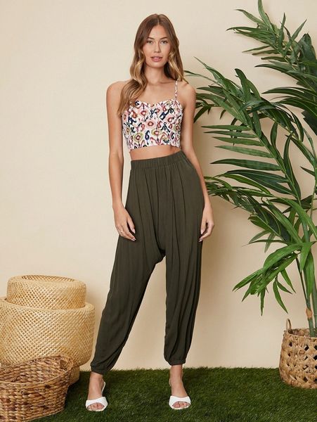 

elastic waist drop crotch pants 13ro#, Black;white