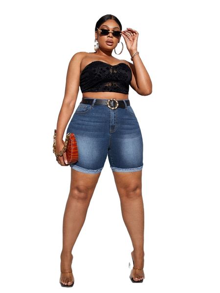 

sxy plus raw trim roll up hem washed denim shorts b2ct#, White;black