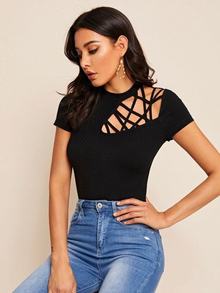 

cutout detail rib-knit tee j7cg#, White