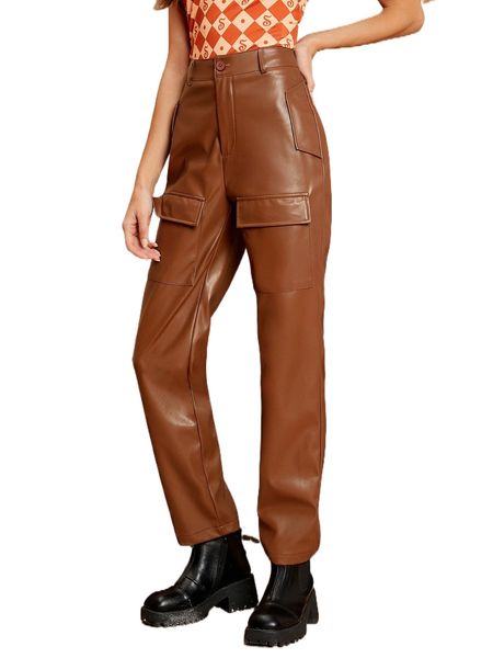 

high waist flap pocket patent pants 80qo#, Black;white