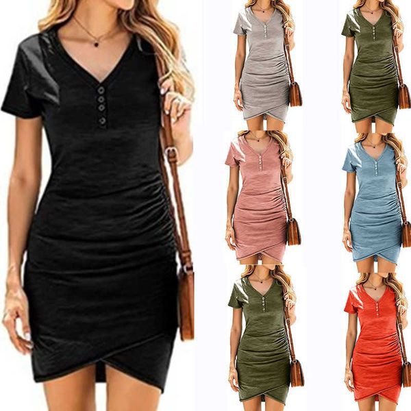 

summer 2022 hip wrap v-neck button irregular women's dress, Black;gray