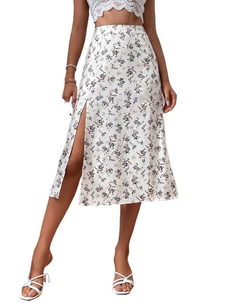 

allover floral print slit thigh skirt i6o6#, Black