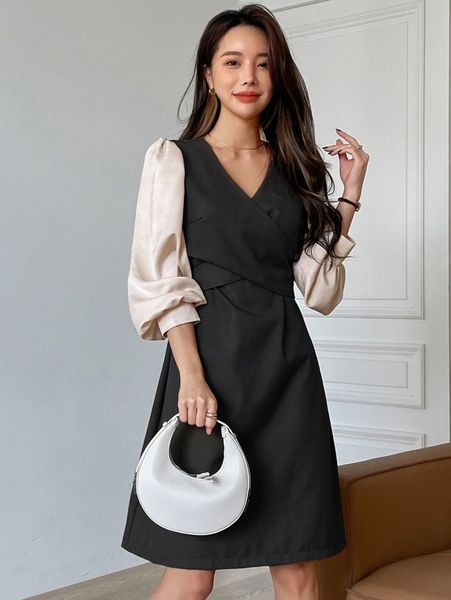 

dazy crossover tie back lantern sleeve dress f1jk#, Black;gray