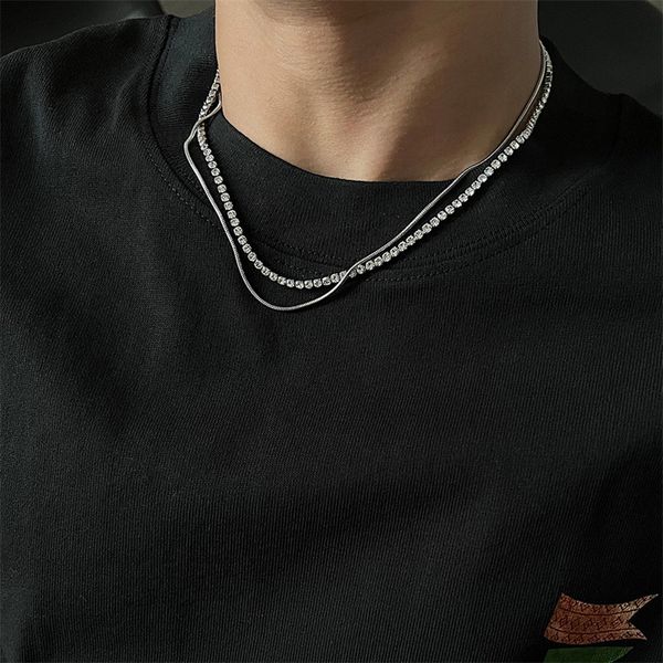 

detachable double layer fine necklace zircon color full diamond tennis chain hip hop stacked fashion all-match jewelry, Silver