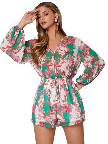 

fish & coral print lantern sleeve tie front romper k0ua#, Black;white