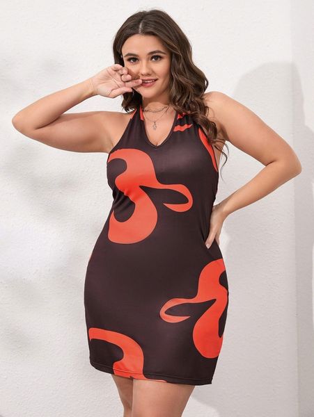 

plus graphic print backless halter dress 207a#, Black