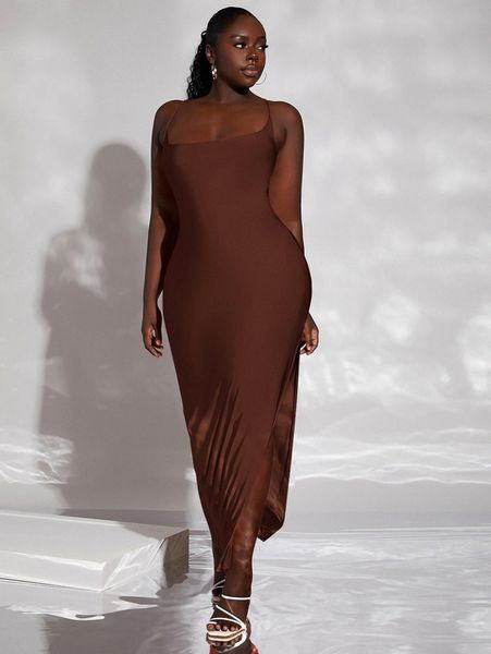 

sxy plus lace up split thigh backless cami dress h7fz#, Black