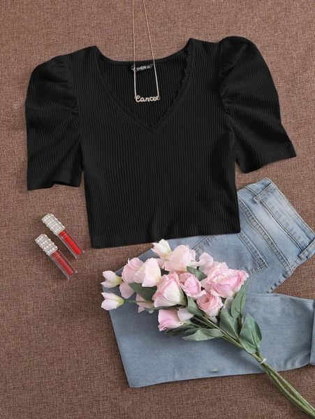 

puff sleeve lace trim rib-knit m6zj#, White