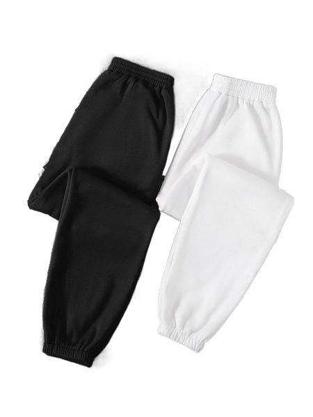 

2pcs solid elastic waist thermal sweatpants 30mz#, Black;white