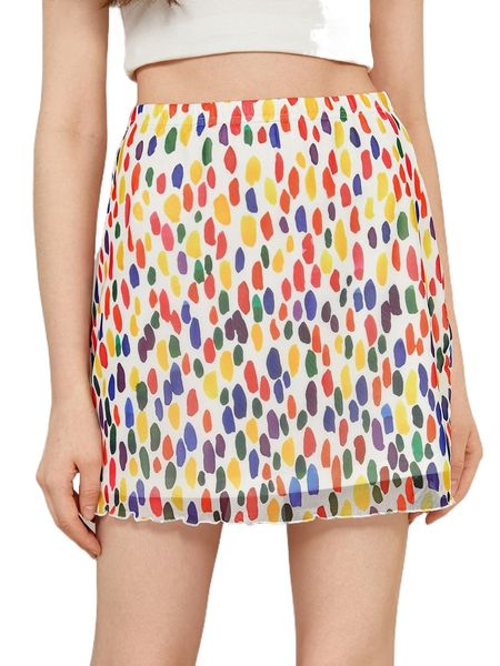 

x debra valencia high waist allover print lettuce trim mesh skirt j8rs#, Black