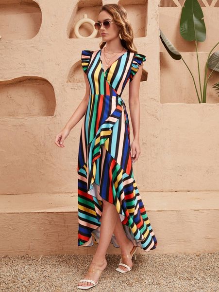 

striped ruffle trim wrap hem dress g2gy#, Black;gray