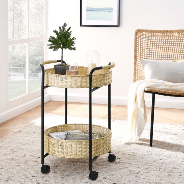

2-teir rattan basket shelves work as storage space or dining car,black stoving varnsih steel frame and natual rattan basket. (19"x19&qu