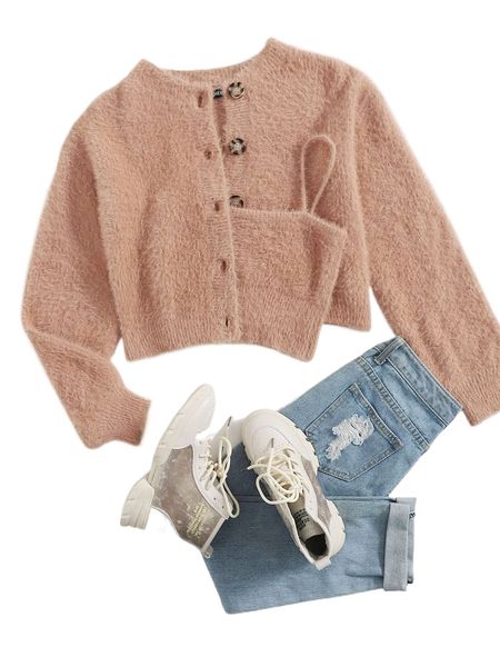 

button front fuzzy knit cardigan with cami e0lk#, White;black