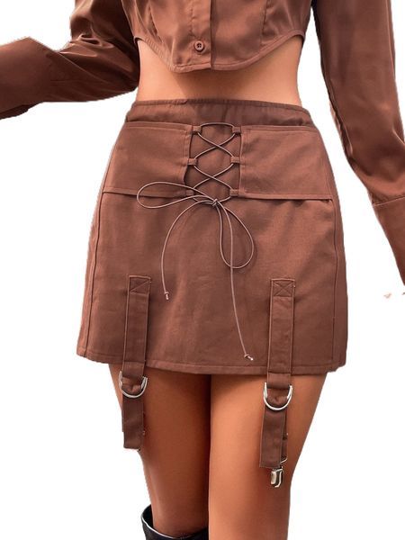 

lace up waist garter detail skirt e51q#, Black