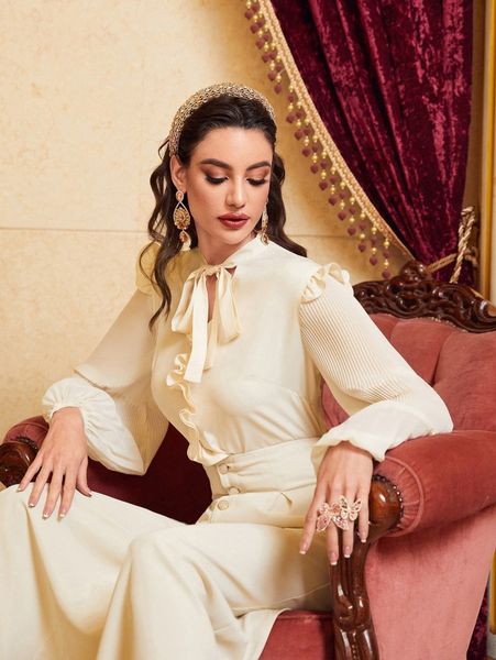 

tie neck bishop sleeve ruffle trim blouse m4z6#, White