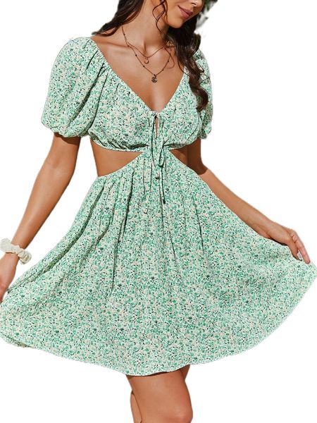 

ditsy floral print puff sleeve knot front cut out dress 92zr#, Black;gray