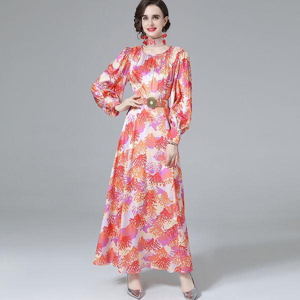 

women's runway dress o neck long sleeves printed a line elegant fashion maxi designer dresses, Black