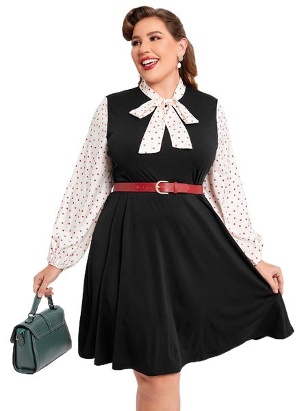 

plus polka dot tie neck dress without belt g7ue#, Black