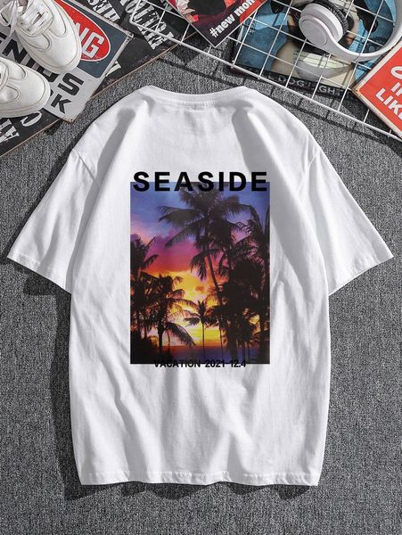 

men coconut tree & letter graphic tee z6dx#, White;black