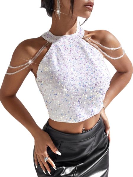 

halter neck chain sequin crop l7gn#, White