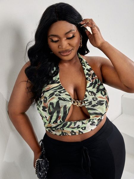 

sxy plus leopard print chain cutout mesh halter 54jf#, Black