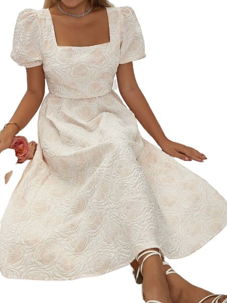 

floral textured square neck puff sleeve a-line dress v7pc#, Black;gray