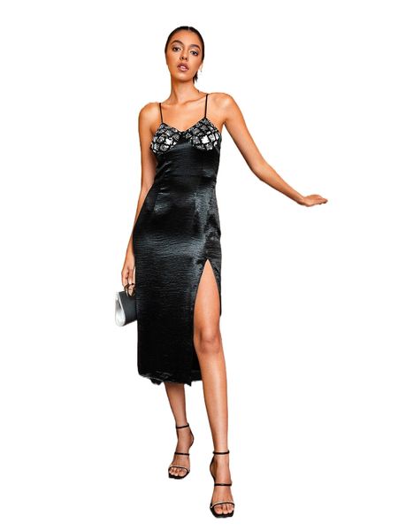 

sequin decor split thigh cami dress t9h9#, Black;gray