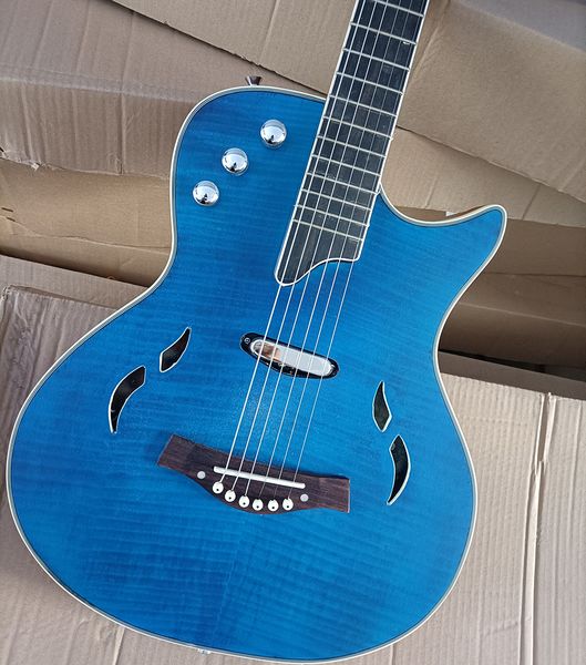 

blue unusual shaped electric guitar with flame maple veneer rosewood fretboard