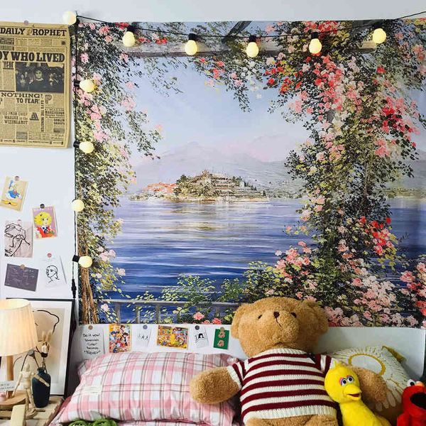 Bohemian Ästhetische Zimmer Wand Dekor Teppich Hängen Mittelmeer Rose Ölfarbe Teenager Indie Schlafzimmer Dekoration Wandbild J220804