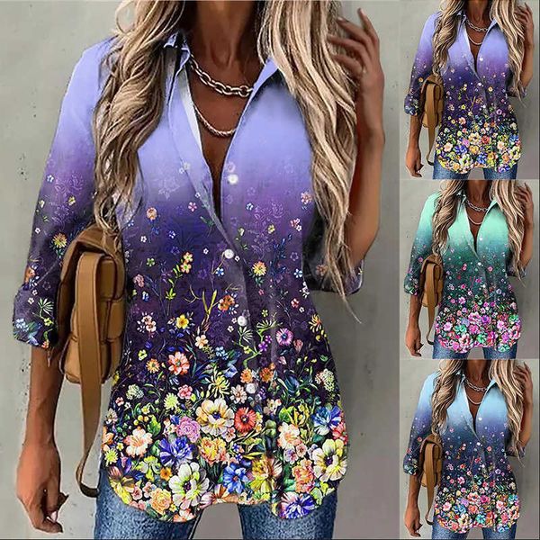 

selling 2022 spring gradient printed button long sleeved shirt, White