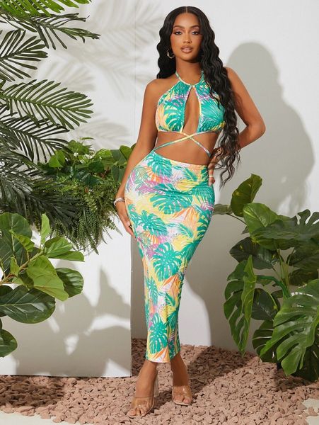 

sxy tropical print backless knot halter neck slit back dress w745#, Black;gray