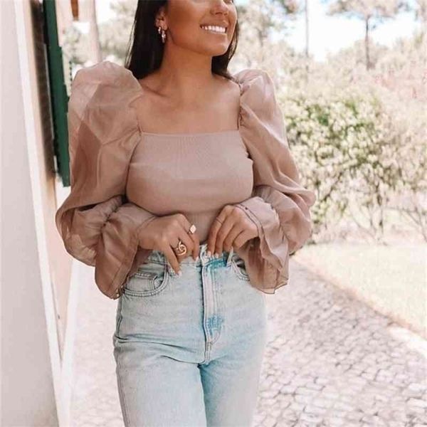 

vintage chic pink mesh spliced short blouses za fashion women long flare sleeve square collar shirts 210326, White